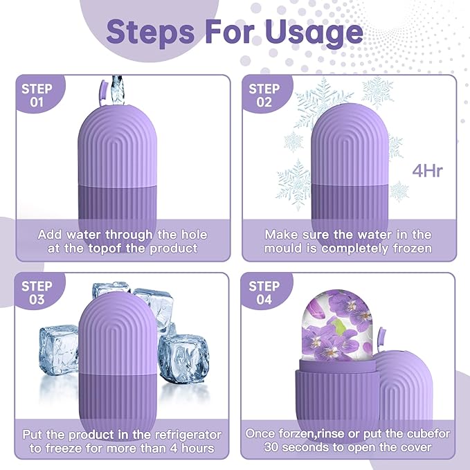 Ice Roller for Face and Eye，Ice Cube Roller Massager for Skin Women Care Tools, Naturally Conditioning De-Puff Eye Bags, Reduce Migraine Pain， Reusable Massage Silicone Ice Mold （Purple）