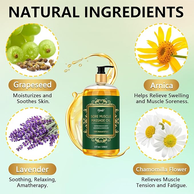 Sore Muscle Massage Oil for Massage, with Massage Roller Ball & Thumb Saver Massager, Body Massage Oil (8 Fl Oz)