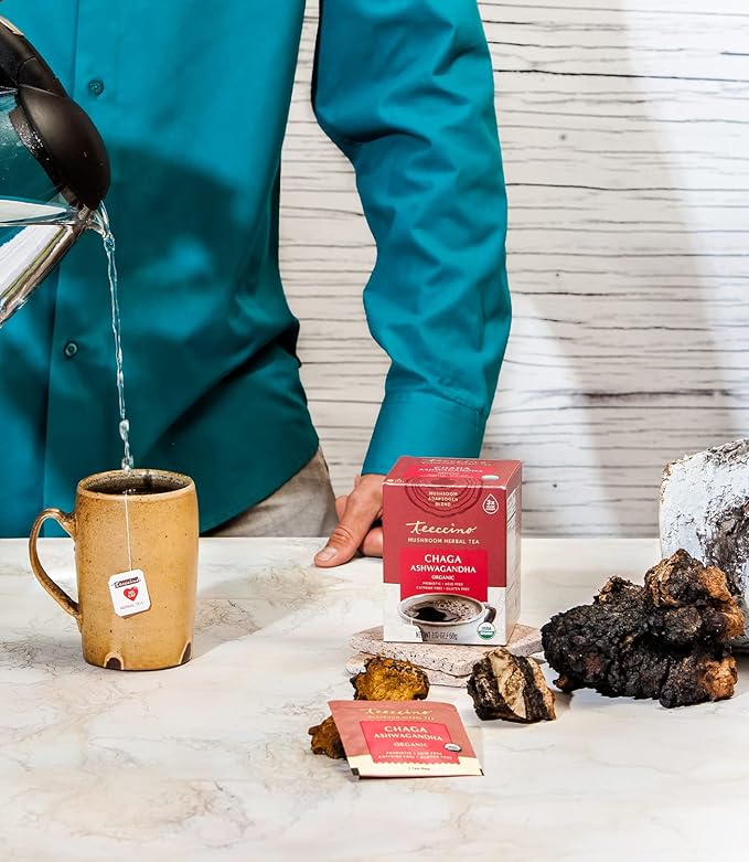 Teeccino Chaga Ashwagandha Tea - Butterscotch Cream - Organic Mushroom Adaptogenic Herbal Tea, 3x More Herbs than Regular Tea Bags, Prebiotic, Caffeine Free, Gluten Free - 25 Tea Bags (Pack of 3)