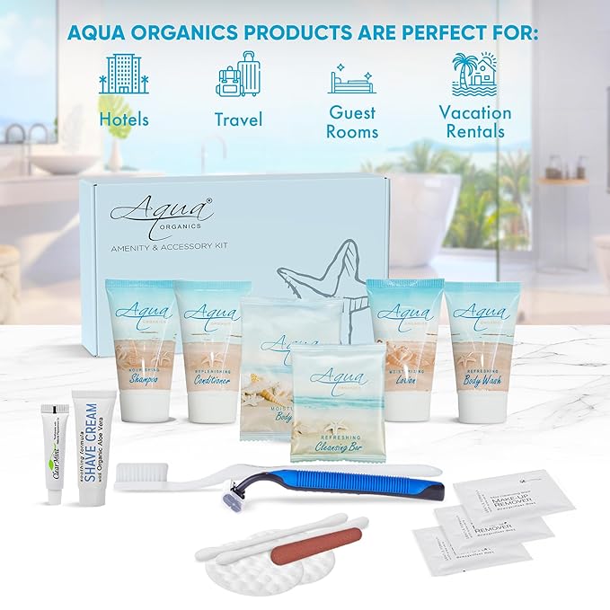 Aqua Organics Amenity & Accessory Kit | 1 oz Shampoo, Conditioner, Lotion, Body Wash, Body Bar, Cleansing Bar, Shave & Dental Sets, Make-Up Wipes, Vanity Kit | 60 Sets