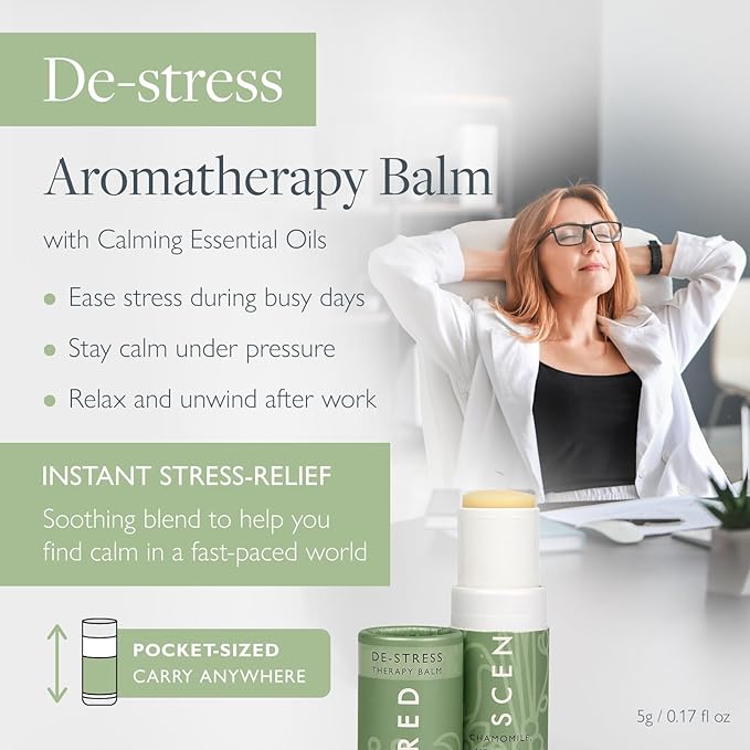 Scentered Aromatherapy Stress Relief Balm Stick - De Stress Essential Oil Roll On for Calm & Relaxation - 100% Natural Stress Reliever - Chamomile, Cedarwood, Rosemary - Stress Relief Gifts for Women