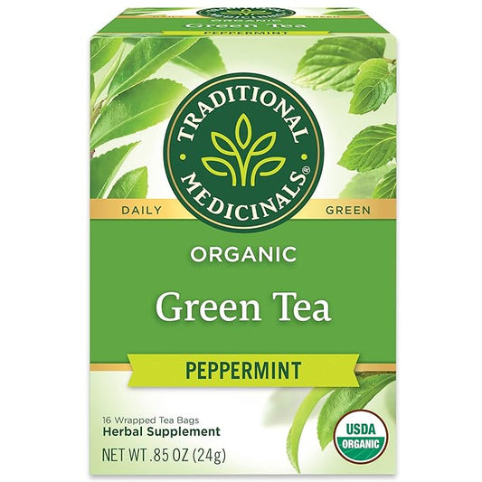 Traditional Medicinals Organic Green Tea Peppermint Herbal Tea, Alleviates Digestive Discomfort, (Pack of 1) - 16 Tea Bags