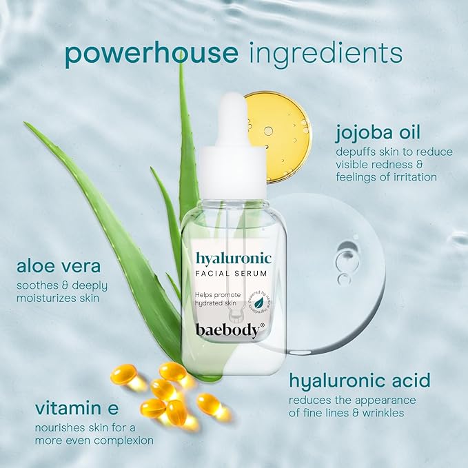 Baebody Critically Acclaimed Hyaluronic Acid Serum for Face - Anti Aging Hyaluronic Acid Face Serum with Vit E and Jojoba Oil - Plumping and Hydrating (1 oz/30 ml)