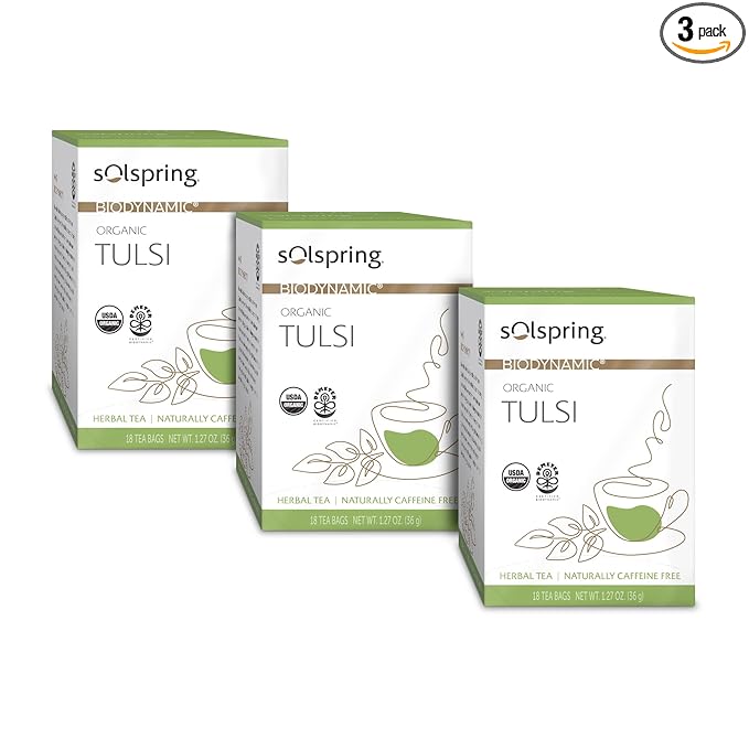Dr. Mercola Solspring Organic Tulsi Herbal Tea, 18 Tea Bags (Pack of 3) Naturally Caffeine Free, USDA Organic, Organic Demeter Certified