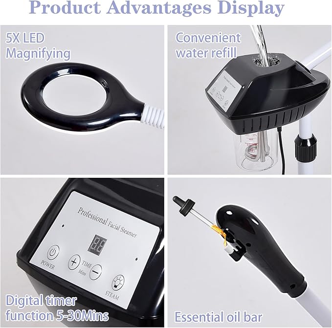 Professional Facial Steamer, 2 in 1 Ozone Facial Steamer on Wheels, with 5X Magnifying Lamp, Facial Steamer with Time Setting, Stand Facial Steamer Adjustable Height for Spa, Salon and at Home use