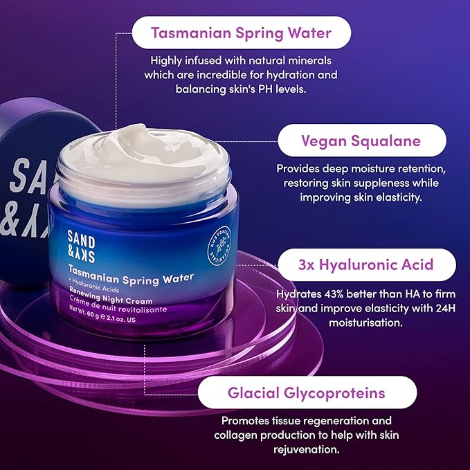 Sand & Sky Tasmanian Spring Water Deep Hydration Night Cream with 3x Hyaluronic Acid - Anti-Aging Repair Cream for Wrinkles, Boosts Collagen Production