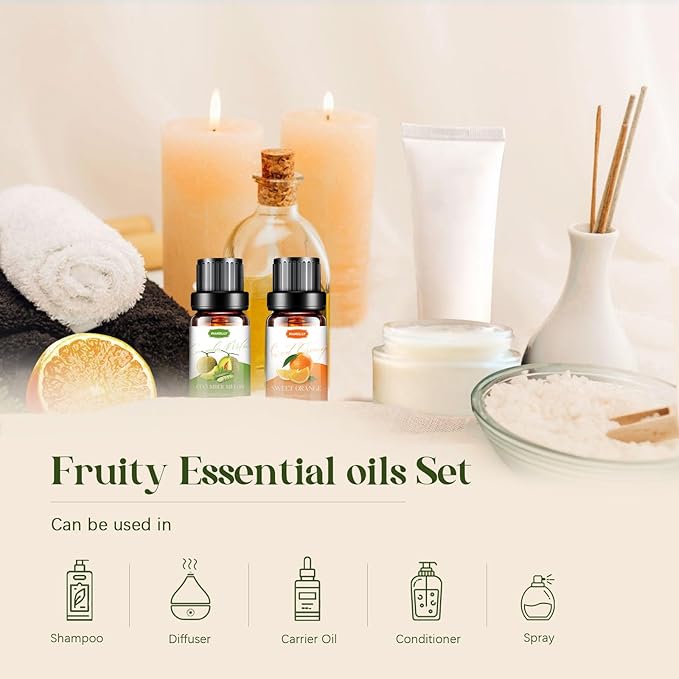 Fruity Essential Oils Set - Fruity Scents Fragrance Oil Aromatherapy Essential Oils Kit for Diffuser, Candle Making (6x10ML) Strawberry, Coconut Scented Oil