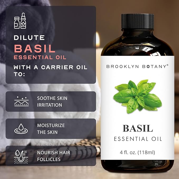 Brooklyn Botany Basil Essential Oil - Huge 4 Fl Oz - 100% Pure and Natural - Premium Grade with Dropper - for Aromatherapy and Diffuser