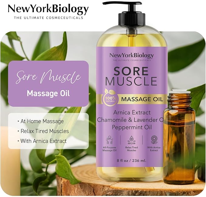 New York Biology Sore Muscle Massage Oil 8 Fl Oz – Made with 100% Natural Oils – Soothing Body Massage Oil - Absorbs Easily