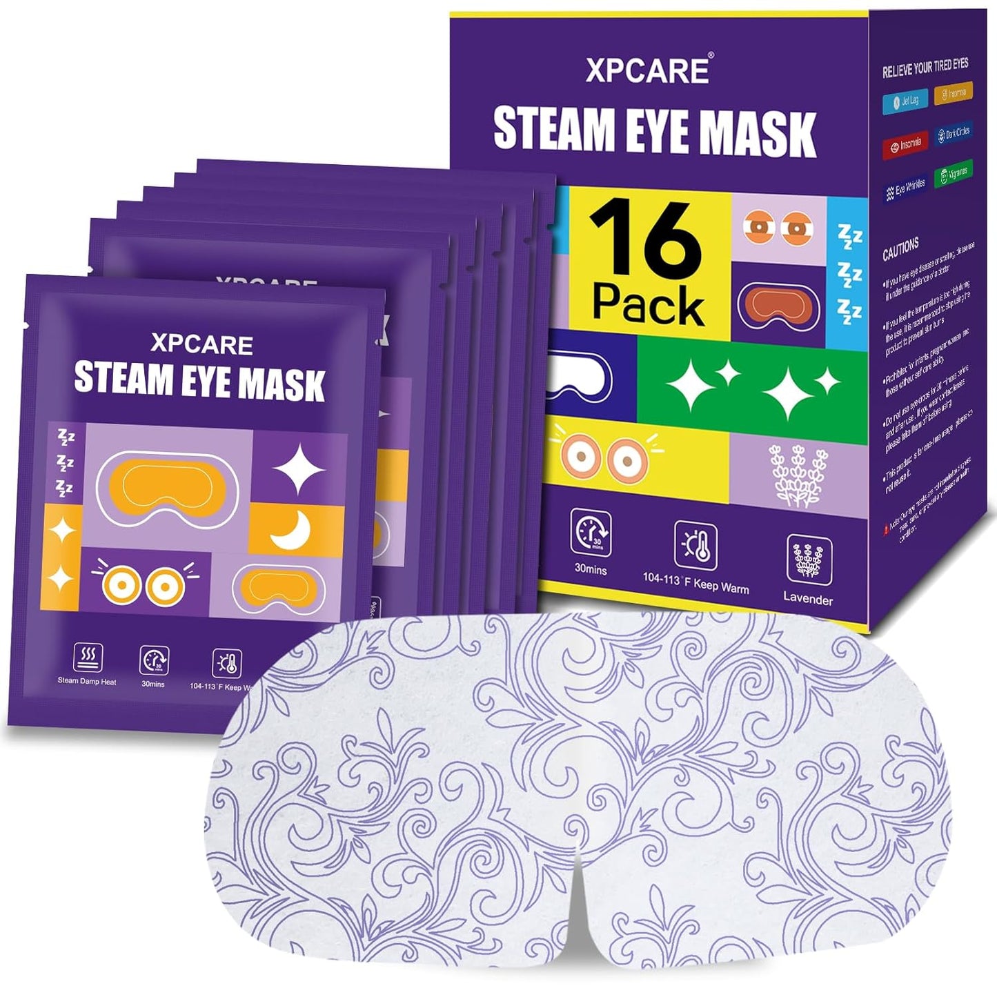 XPCARE 16 Pack Steam Eye Masks for Dry Eyes, Heated Eye Mask Warm Compress for Eyes,Disposable Heated Eye Mask for Dark Circles, Puffy Eyes, Relief Stress Eye Fatigue（Lavender）