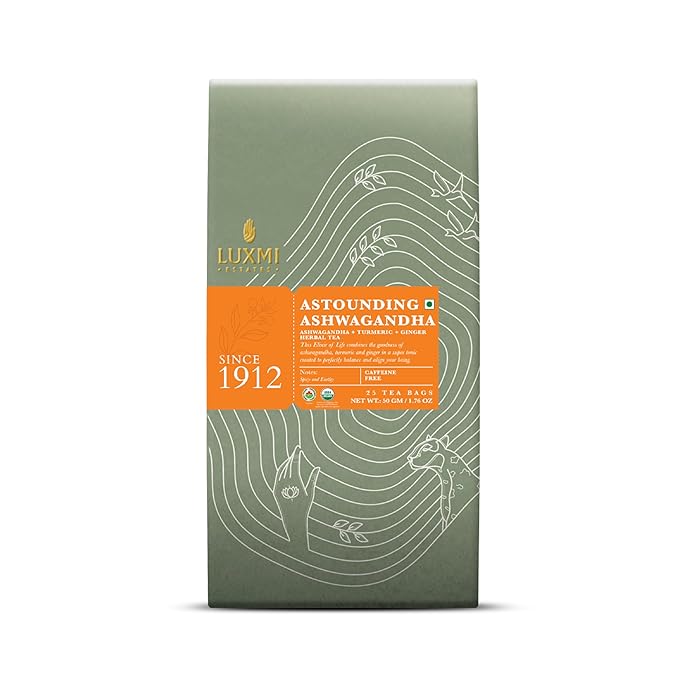 Luxmi Estates - Astounding Ashwagandha - Organic Ashwagandha Tea - 25 Tea Bags | With Ashwagandha, Turmeric, Ginger, Lemongrass & More | Perfect Stress Relief Tea