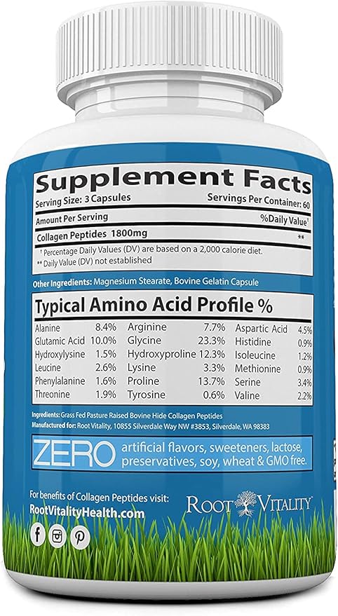 Collagen Peptides Capsules - Grass-Fed, Pasture-Raised Hydrolyzed Protein Supplement for Skin, Hair, & Nails - Non-GMO, Zero Sugar Daily Pills for Men & Women (180 Capsules)