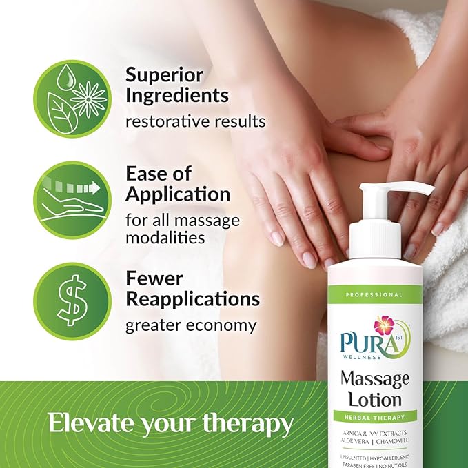 Herbal Massage Lotion, Hypoallergenic Formula for Muscle Relief, Professional Deep Tissue Therapy, Pura Wellness Herbal Lotion, Unscented Massage Lotion for Physical Therapy and Recovery, 8oz