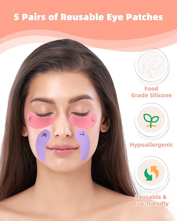 Under Eye Patches Silicone - 5 Pairs Reusable Eye Patches, Eye Wrinkle Patches, Reusable Under Eye Mask, Plump Fine Lines & Wrinkles, Cream & Purple & Pink