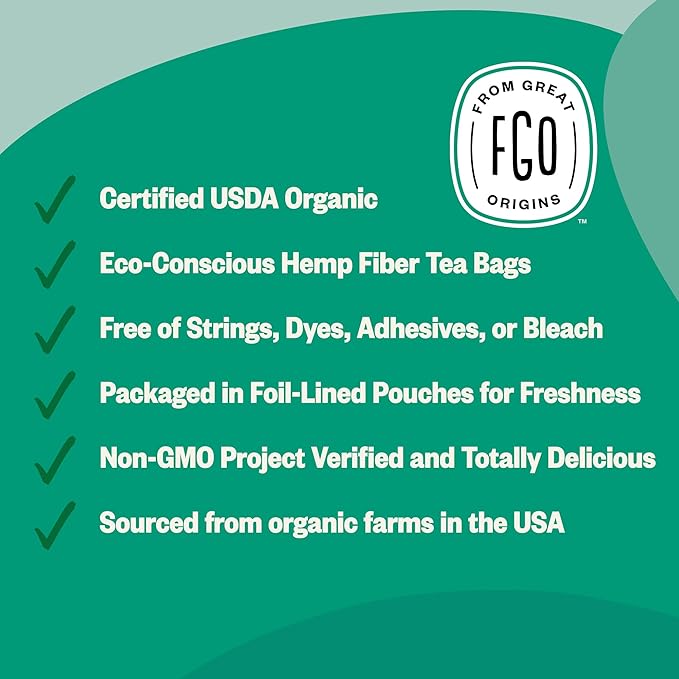 FGO Organic Spearmint Leaf Herbal Tea, 20 Count, Eco-Conscious Tea Bags, Caffine Free, Resealable Bag, Packaging May Vary (Pack of 1)