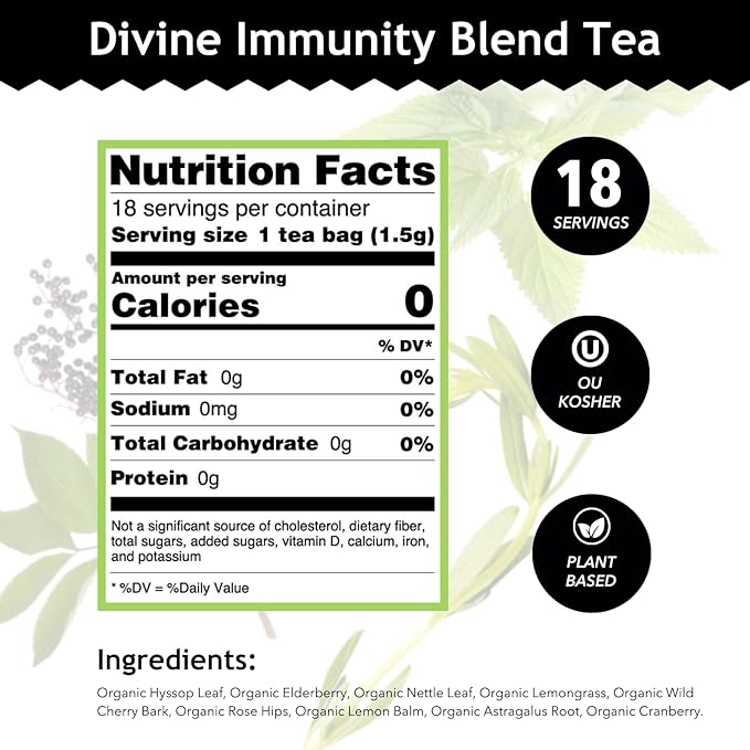 Buddha Teas - Organic Divine Immunity Blend - Herbal Tea - For Health & Wellbeing - With Antioxidants & Minerals - Clean Ingredients - Caffeine Free - OU Kosher & Non-GMO - 18 Tea Bags (Pack of 1)