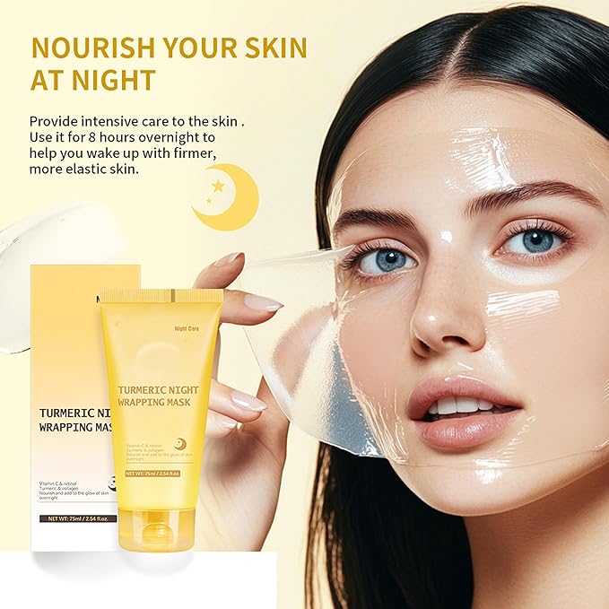 Turmeric Night Wrapping Mask, Peel-Off Face Mask Gel - Rich In Vitamin C & Retinol Long-Lasting Moisturizing & Locks In Moisture, Deep Nourish Turmeric & Collagen Mask, 2.54oz