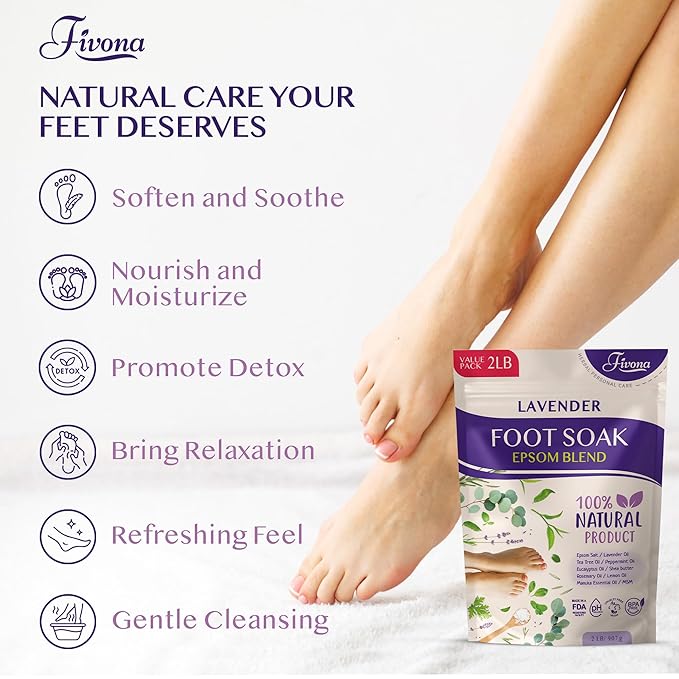 Foot Soak Epsom Salt with Lavender - Value Pack - 2 LB - Calming Foot Bath Salt, Relax & Renew Tired Feet, Soothe Soreness, Soften Calluses - Rejuvenating Pedicure Spa at Home