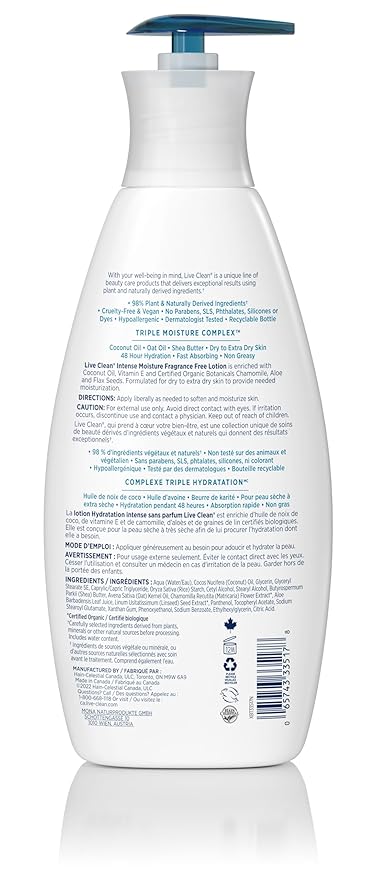 Live Clean Intense Moisture Fragrance Free Body Lotion, 18 Fl Oz
