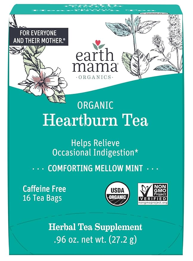 Earth Mama Organic Heartburn Tea | Pregnancy-Safe Soothing Herbal Blend with Marshmallow Root, Lemon Balm & Chamomile, 16 Teabags Per Box
