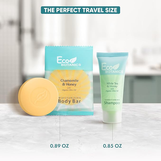Eco Botanics Hotel Soaps & Toiletries Bulk Set | 1-Shoppe Amenities Kit for Hotels & Vacation Rentals | 0.85 oz Conditioning Shampoo & 0.89 oz Bar Soap | 100 Pieces