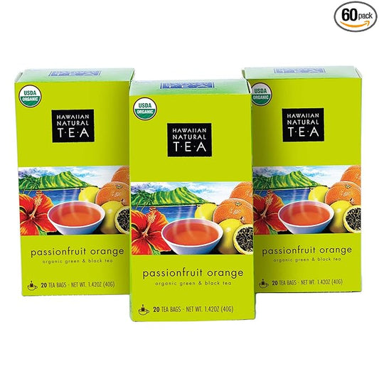 Hawaiian Natural Tea Passion Fruit Orange Flavored Organic Tea - Tropical Fruit Green Tea Blend with Black Tea - Perfect Daily Cup & Gift for Tea Lovers - 60 Tea Bags