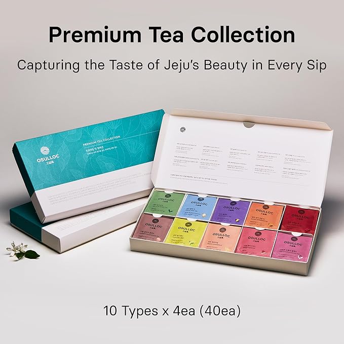 OSULLOC Premium Tea Collection (40 count, 10 flavors x 4 ea), Assorted Tea bag Sampler, Premium Organic Pure & Blended Self Care Gift Set box from Jeju for Tea lovers