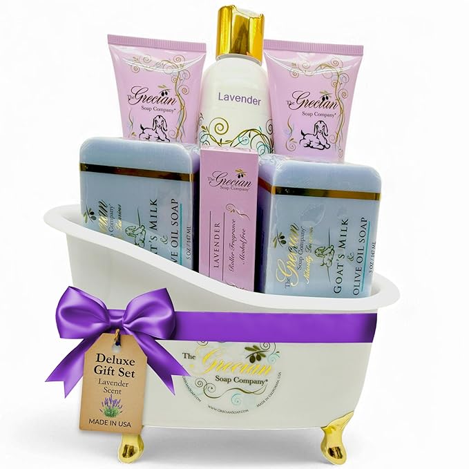 Self Care Gifts for Women, 6pcs Goat Milk & Olive Oil Skin Care Set, Relaxing Gift Basket, Bridal Shower Gifts, Birthday Gifts, Gifts for Mom, Lavender Scent, Handmade in USA