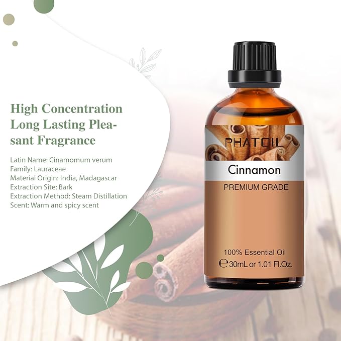 Cinnamon Essential Oil, 1.01Fl.Oz (30ML) PHATOIL Pure Essential Oil Singles for Aromatherapy Diffusers, Humidifiers, Great for DIY Candle and Soap Making, Gift for Friend
