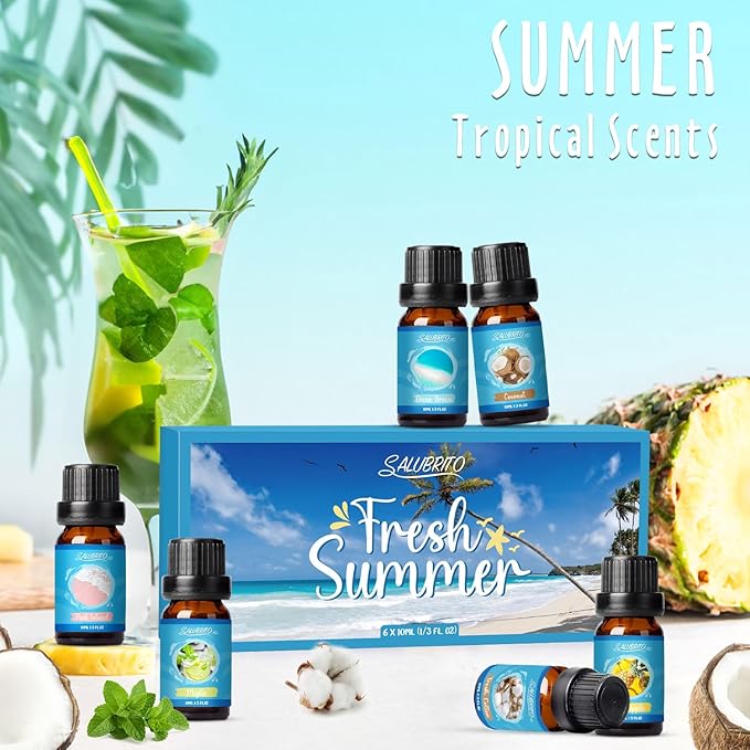 SALUBRITO Summer Fragrance Oils Set, Premium Essential Oils Set for Diffuser, Candle, Soap Making, Fresh Cotton, Coconut, Mojito, Pineapple, Ocean Breeze, Pink Island, Strong Scented Oils