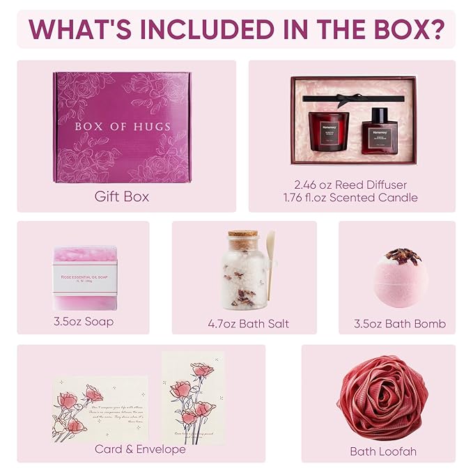 Homemory Gift Women Christmas Bath Sets Body Self Care, Best Spa Birthday Valentine's Day Basket Scented Candle & Reed Diffuser Kit Mom Friends Sister With Rose Card (Red)