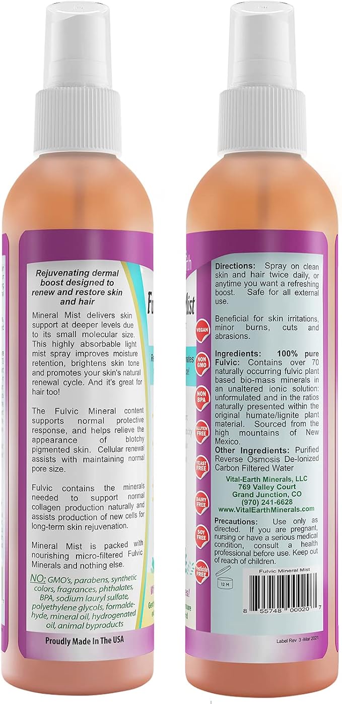 Vital Earth Minerals Fulvic Mineral Facial Mist for Skin Care & Hair - Hydrating Face Spray, Cellular Renewal & Repair, Hydrating Mist with Antioxidants, Fulvic Acid in Pure Water, 8 Fl Oz
