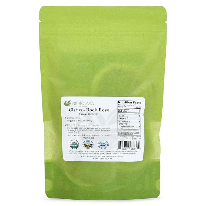 Biokoma Pure and Organic Cistus - Rock Rose (Cistus incanus) Dried Leaves Tea 40 Bags In Resealable Moisture Proof Pouch,USDA Certified Organic-Herbal Tea, No Additives,No Preservatives,No GMO, Kosher