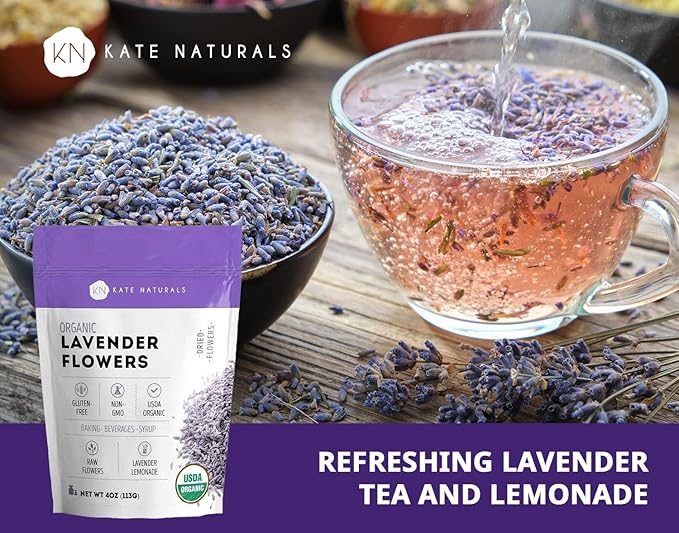 Kate Naturals Dried Lavender Flowers for Tea, Syrup, Lemonade, Soap Making. Edible Culinary Grade Buds (4oz, Organic, Food Grade)