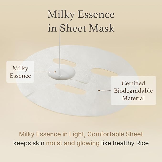 I'm from Rice Sheet Mask Pack of 5, Korean Rice Face Mask, Creamy Hydration for Dry, Combination Skin, Moist, Milky Essence, Biodegradable, Vegan, Hypoallergenic, 20ml