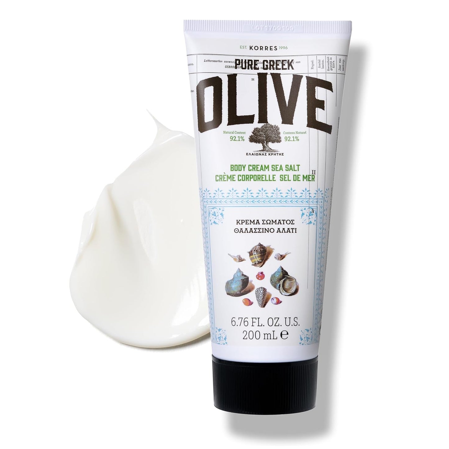 KORRES Olive Body Lotion for Dry Skin, Moisturizer Cream with Vitamin E, Aloe and Pure Greek Olive Oil for Body Care, Hydrating and Nourishing for Smooth, Supple Skin, Sea Salt Scented, 6.76 fl oz