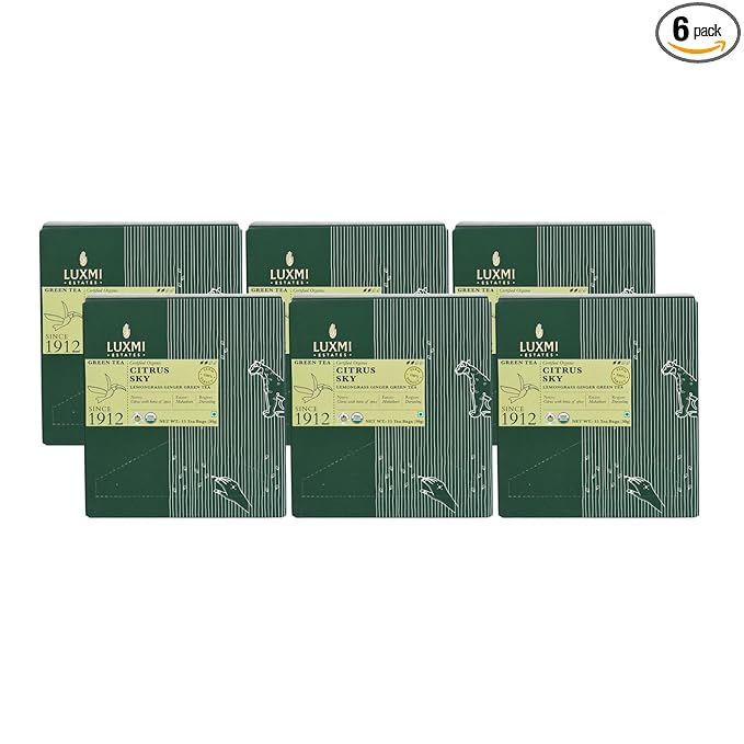 Luxmi Estates - Citrus Sky - Organic Lemongrass Tea - 90 Tea Bags (15ct x 6pack) | Wth Lemongrass, Ginger, Darjeeling Green Tea and more | Beautifully Aromatic and Relaxing Tea