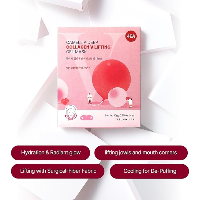 ROUND LAB Camellia Deep Collagen V Lifting Gel Mask 10g/0.35oz * 4EA | face toning belt, collagen v-line mask, improves sagging skin, lifting & firming, double-chin mask, instant cooling & depuffing