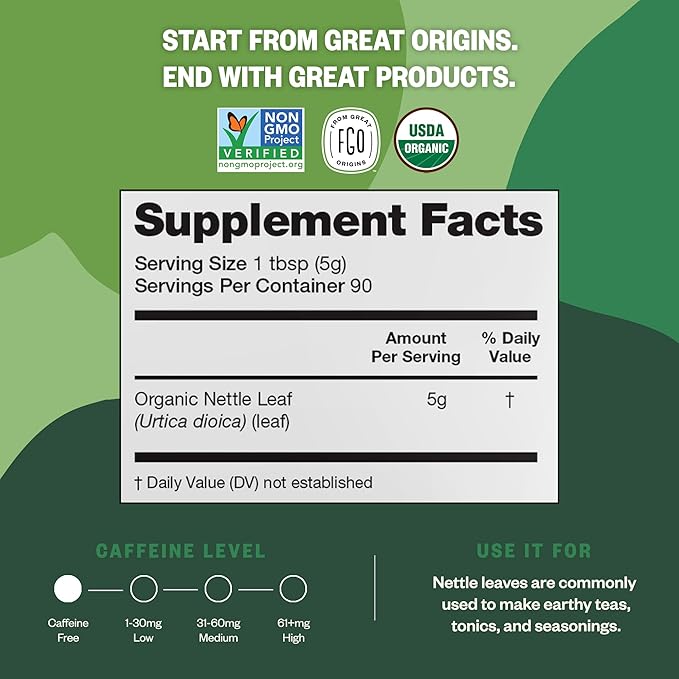 FGO Organic Nettle Leaf Loose Tea, Cut and Sifted, Caffeine Free, 4oz Resealable Bag, Packaging May Vary (Pack of 1)