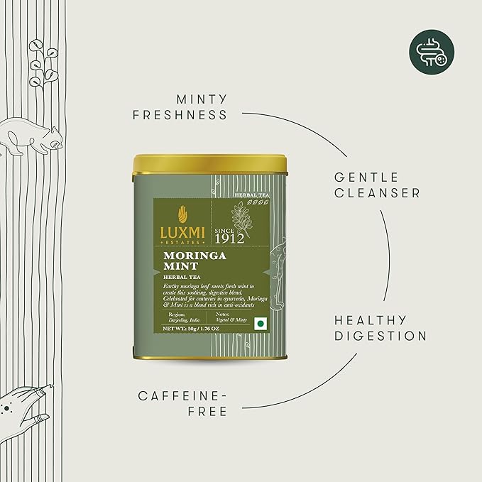 Luxmi Estates - Moringa Mint Tea Loose Leaf - 50g (25 cups) | Organic Moringa and Mint | Great for Digestion and Detox
