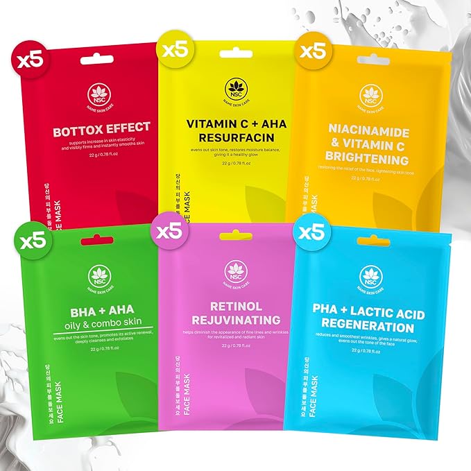 Complete Korean Face Mask Pack of 30 Hydrating Sheet Masks for All Skin Types | Refreshing, Moisturizing, Exfoliating, Anti Aging Face Masks Skincare | Vitamin C, Collagen, Retinol, Hyaluronic Acid