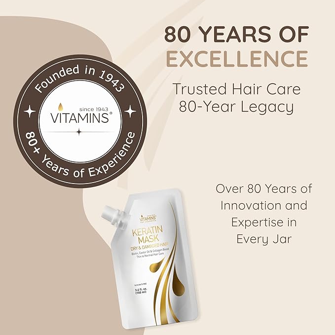 VITAMINS hair cosmetics Keratin Hair Mask Deep Conditioner - Biotin Collagen Protein & Castor Oil Repair for Dry Damaged Hair - Conditioning Treatment for Curly or Straight Thin Fine Locks