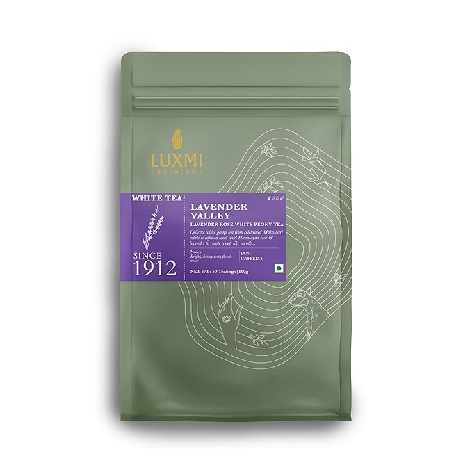 Luxmi Estates - Lavender Valley - Organic Lavender Tea - 50 Tea Bags | With Certified Organic Darjeeling Makaibari White Tea | Light & Fresh Delicate Flavor, Low Caffeine