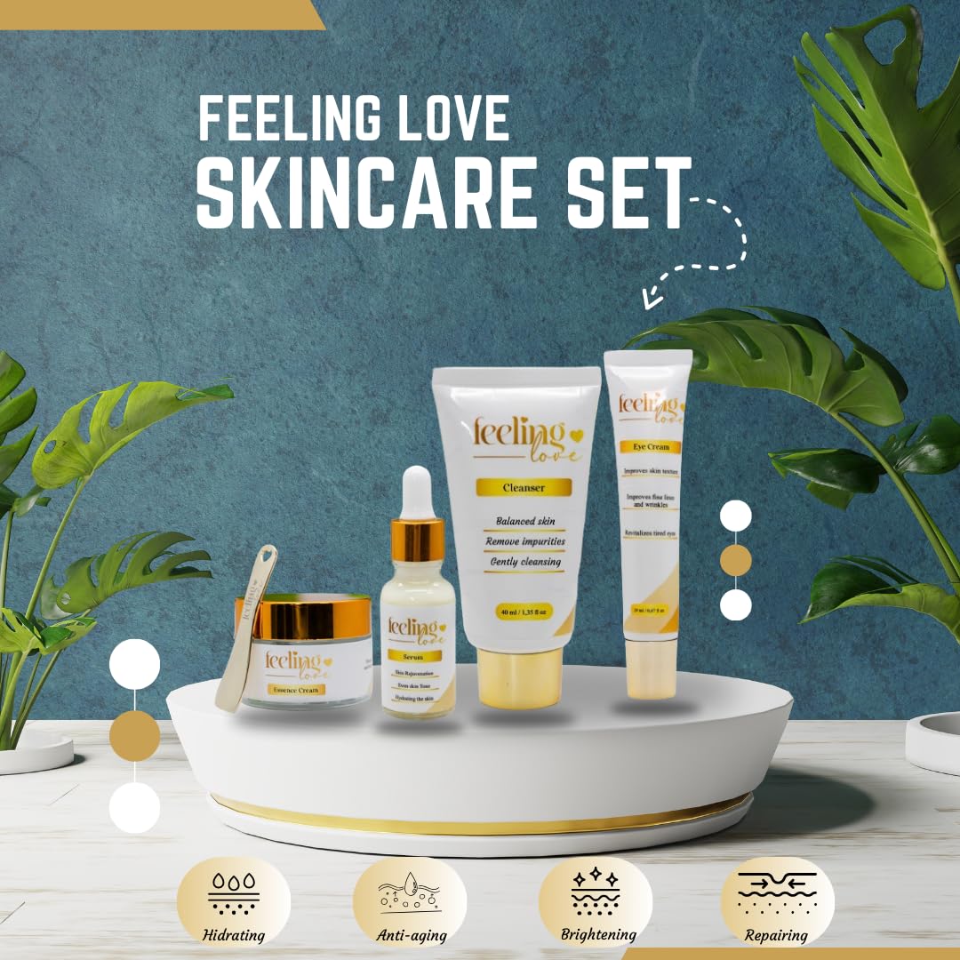 Introducing our exclusive Skincare Set: Cleanser, Serum, Essence Cream, and Eye Cream - Experience the Ultimate 4-Step Natural Beauty Routine for Achieving Radiant, Glowing Skin.