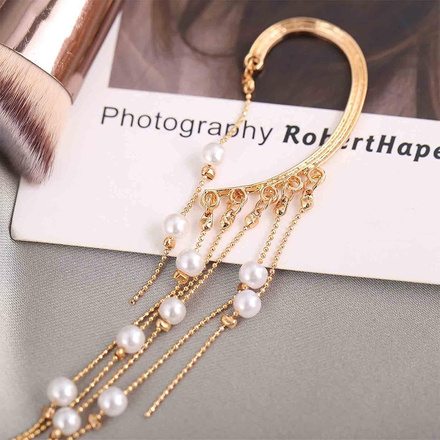 Boho Pearl Ear Wrap Earrings Gold Pearl Ear Cuff Earrings Long Drop Tassel Pearl Earrings Festival Gothic Earrings Non Piercing Ear Climber Cartilage Earrings Jewelry for Women and Girls