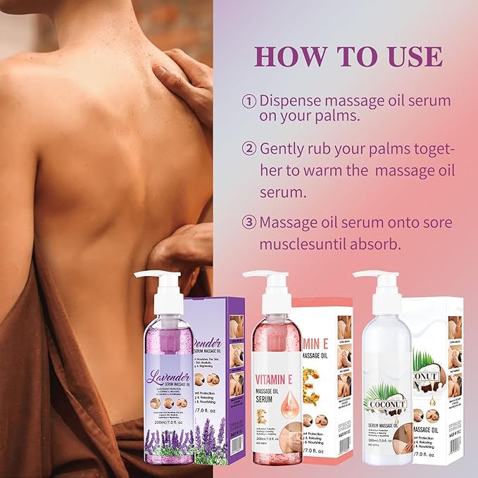 Body Massage Oil Serum, Lavender, Coconut & Vitamin E, Non-Greasy, Moisturising, 7 fl.oz x 3