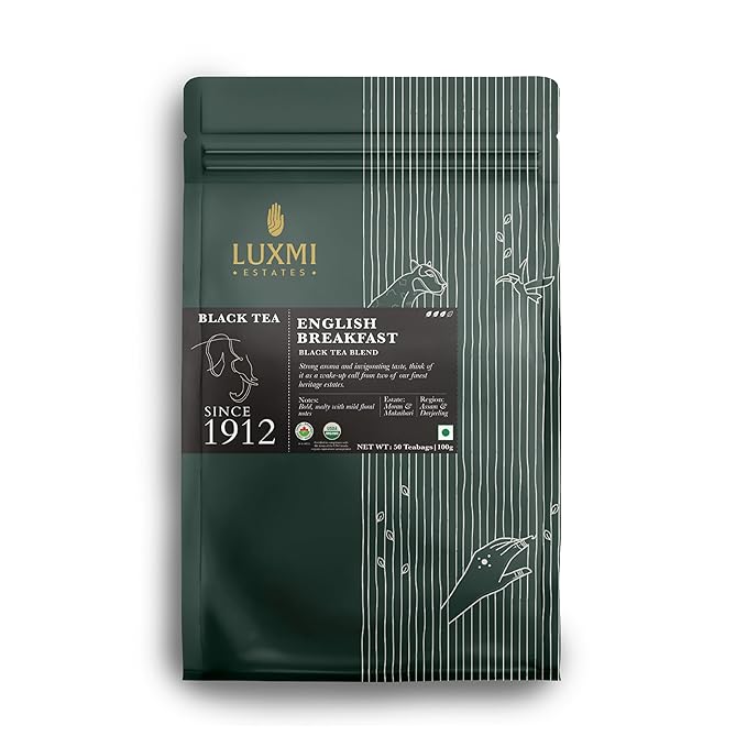 Luxmi Estates - Tale of Two Estates - Organic English Breakfast Tea - 50 Tea Bags | Made with Organic Darjeeling & Assam Tea from India | Smooth, Flavorful, Robust and Caffeinated