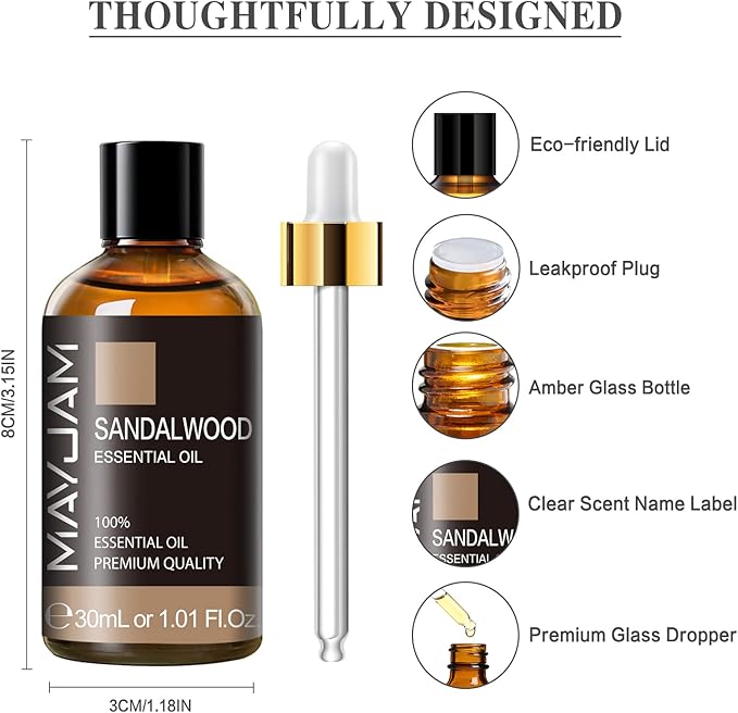 Sandalwood Essential Oil 1.01FL.OZ, MAYJAM Premium Aromatherapy Sandalwood Oil for Diffuser, Candle Making, Home Office Car Yoga Use, 30ML/Bottle