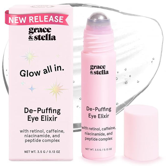 grace & stella Under Eye Brightener Roller - Travel Essentials - Retinol & Caffeine Eye Serum for Puffiness, Dark Circles, Wrinkles - Hydrating & Smoothing - Vegan Skincare (15ml / 0.51 fl oz)