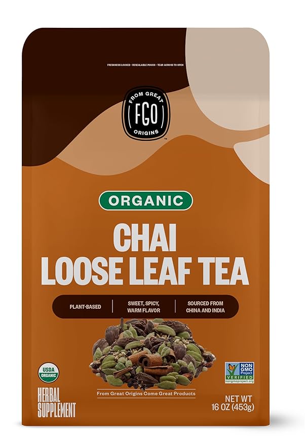 FGO Organic Chai Tea, 16 Ounce Loose Leaf Bulk Resealable Bag, Packaging May Vary (Pack of 1)